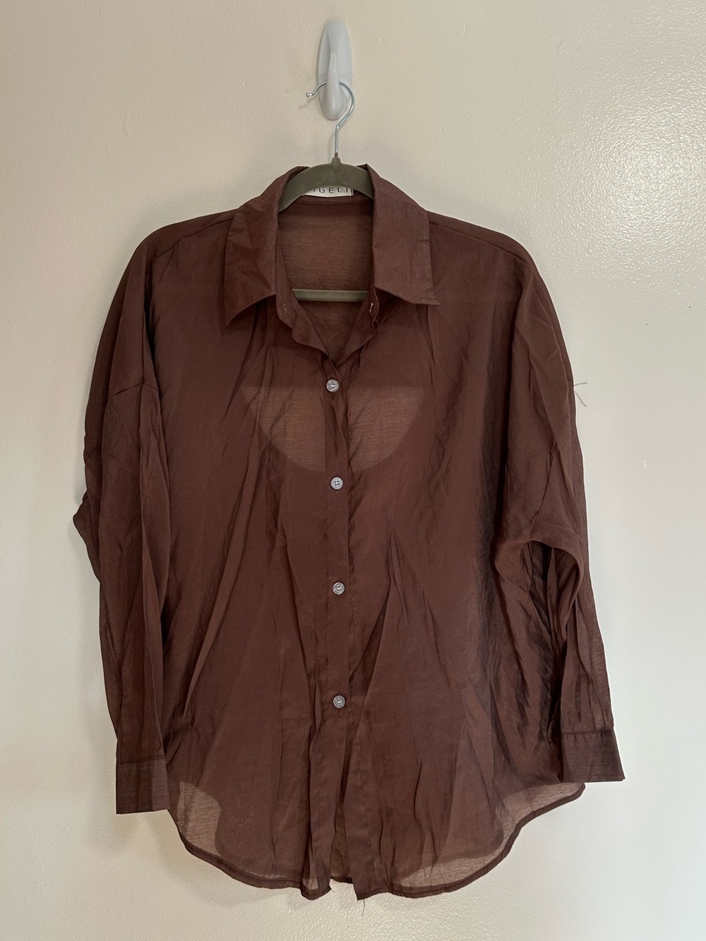 Xigeli Sheer Brown Button-Down Shirt with Back Cut-Out, Large